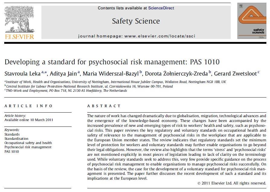 Available Specification (PAS) for psychosocial risk management Celem
