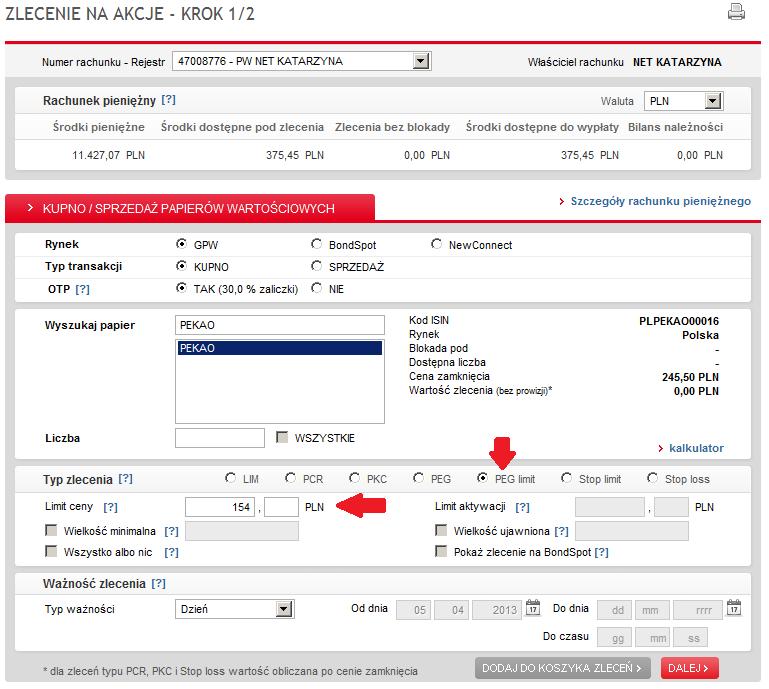 Jak złożyć zlecenie PEG/PEG Limit Pekao24Makler?