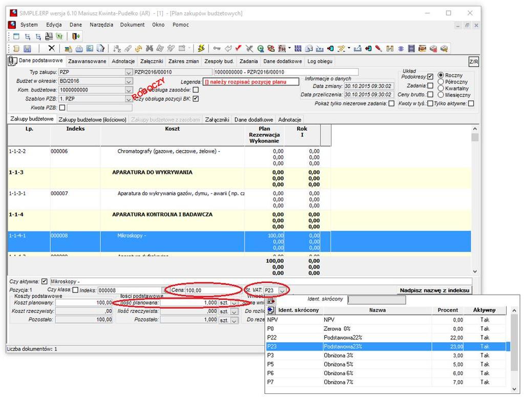 Klikamy dwukrotnie w plan ze statusem Roboczy i rozpoczynamy planowanie. Zmieniamy wyłącznie pozycje które są niepogrubione, czyli takie które w kolumnie Indeks posiadają kod CPV.