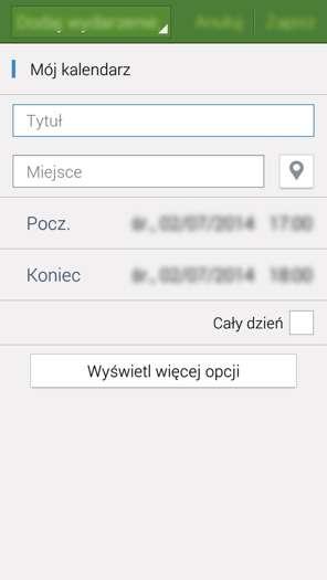 Przydatne aplikacje i funkcje Tworzenie zdarzeń lub zadań 1 Dotknij S Terminarz na ekranie aplikacji. 2 Dotknij. Możesz też wybrać datę bez żadnych zdarzeń lub zadań i dotknąć jej ponownie.