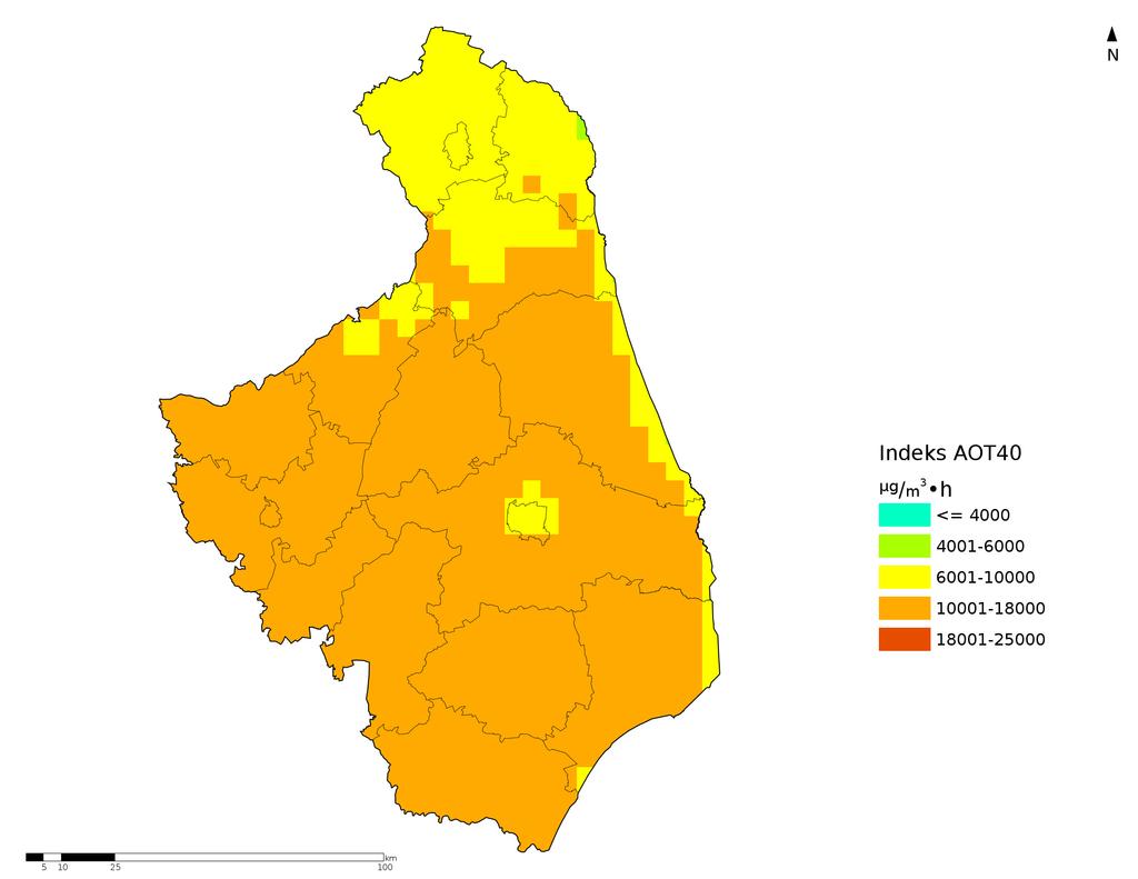 Mapa 4. Przekroczenie normy dopuszczalnej celu długoterminowego dla ozonu w woj. podlaskim (modelowanie). 2.