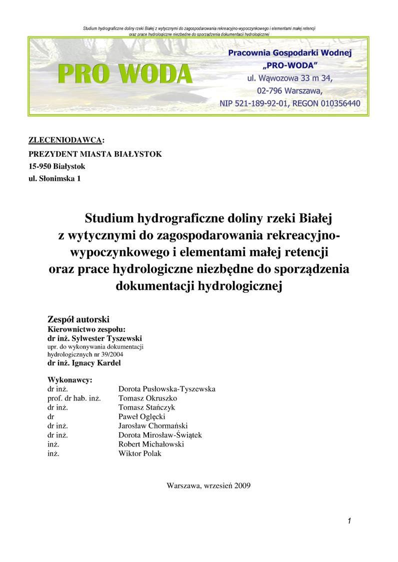 STUDIUM HYDROGRAFICZNE Pracownia Gospodarki Wodnej PRO-WODA, Warszawa W