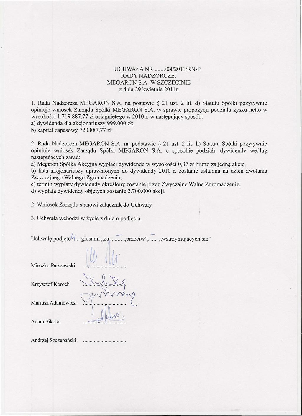 UCHWAŁA NR./0412011/RN-P z dnia 29 kwietnia 2011r. 1. Rada Nadzorcza MEGARON S.A. na postawie 21 ust. 2 lit. d) Statutu Spółki pozytywnie opiniuje wniosek Zarządu Spółki MEGARON S.A. w sprawie propozycji podziału zysku netto w wysokości 1.