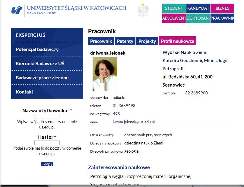 Bazy ekspertów i infrastruktury Baza Ekspert umożliwia wyszukiwanie informacji o pracownikach naukowych Uczelni, ich