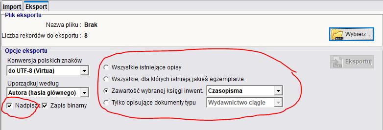 Opcja Nadpisz zaznaczenie tej opcji powoduje, że dotychczasowa zawartość wybranego do eksportu pliku (o ile plik ten już istnieje i nie jest pusty) zostanie utracona i zastąpiona nowo eksportowanymi