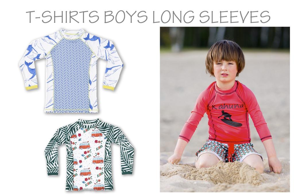 T-SHIRTS BOYS LONG SLEEVES Szybkoschnąca plażowo-kąpielowa koszulka chłopięca z długim rękawem w oryginalnym kolorze i wzorze marki Ducksday.