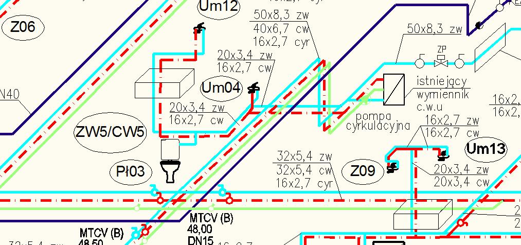 Wspomaganie komputerowe w projektowaniu instalacji Fragment rysunku AutoCad