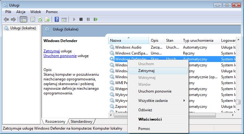Czy Windows Defender może sprawdzać aktualizacje? Przewiń okno Zarządzanie komputerem, aby można było zobaczyć usługę "Windows Defender". Co to jest Stan Usługi?