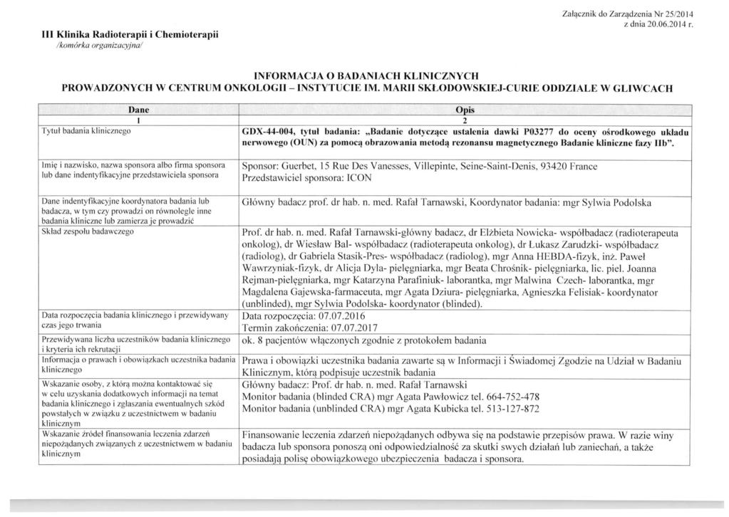 III Klinika Radioterapii i Chemioterapii /komórka organizacyjna/ Załącznik do Zarządzenia Nr 25/2014 z dnia 20.06.2014 r.