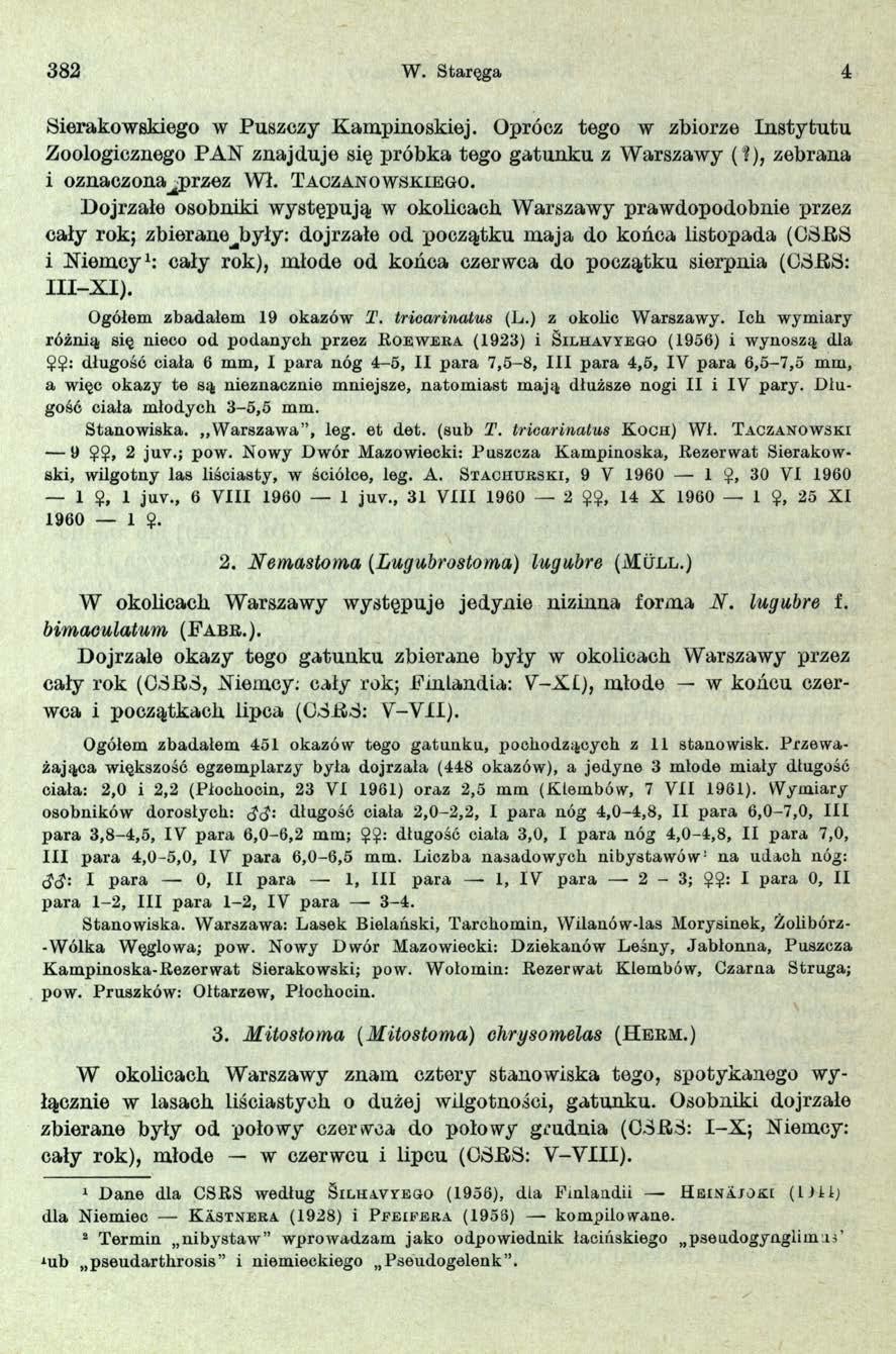382 W. Staręga 4 Sierakowskiego w Puszczy Kampinoskiej. Oprócz tego w zbiorze Instytutu Zoologicznego PAN znajduje się próbka tego gatunku z Warszawy (?), zebrana i oznaczona^przez Wł.