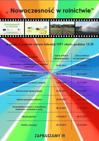 Cykl 8 filmów Nowoczesność w rolnictwie Centrum Doradztwa Rolniczego w Brwinowie Termin: 2017 rok Forma dystrybucji: dwukrotna emisja w TVP, udostępnienie w kanale YouTube, wydanie 1200 płyt DVD,