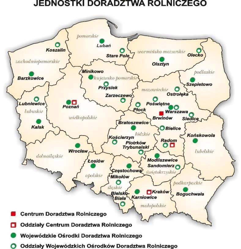 Jednostki doradztwa rolniczego podległe i nadzorowane przez Ministra Rolnictwa i Rozwoju Wsi 16 wojewódzkich ośrodków doradztwa rolniczego 9 ośrodków ma oddziały w województwie W każdym z 16 ODR-ów