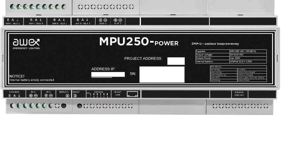 MPU250 POWER MODUŁ PODRZĘDNY Monitorowanie do 250 DES Maks.