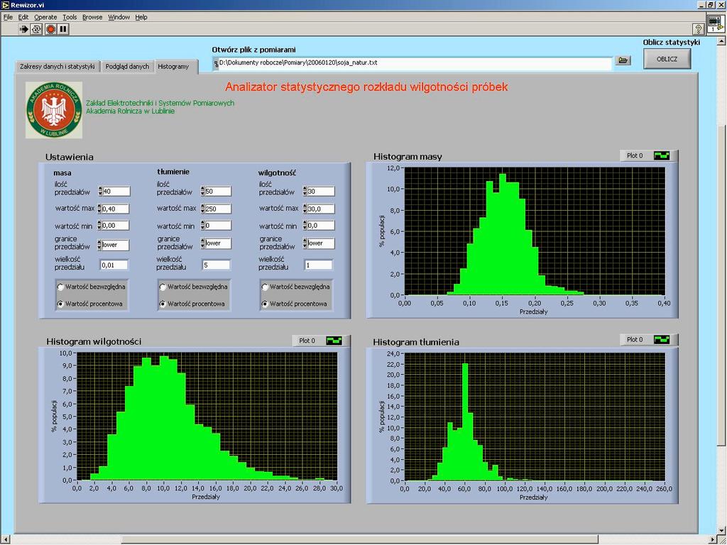 Overlap Data ranges and statistics Rys. 4. Fig. 4. Program do analizy matematycznej wyników pomiarów.