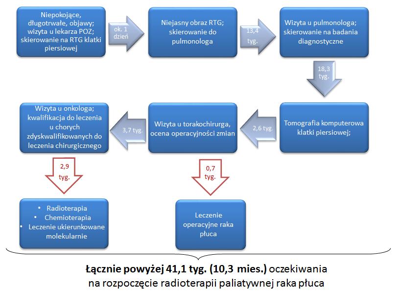 Rysunek 14. Etapowość postępowania w raku płuca od podejrzenia choroby do rozpoczęcia leczenia dla pacjenta BEZ karty DiLO średnie tygodnie.