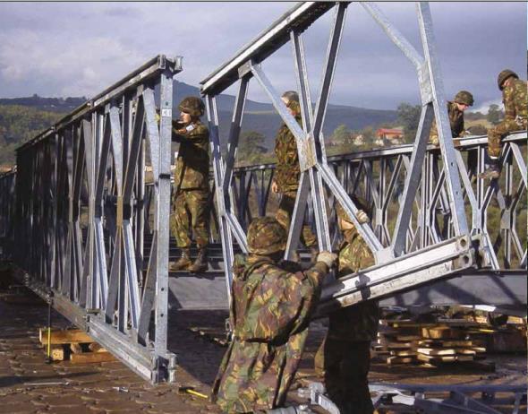 Montaż mostu Most wsparcia logistycznego Mabey LSB może być montowany tradycyjnie z zastosowaniem przeciwwagi metodą nasuwania