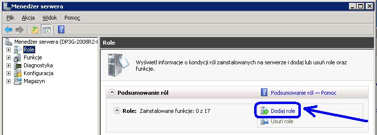 Instalacja składników Internetowych Usług Informacyjnych Pomoc techniczna 5. Windows 2008 / Windows 2008R2 Za pośrednictwem Menedżera serwera z menu Role wybrać opcję Dodaj role.