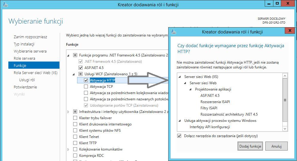 Instalacja składników Internetowych Usług Informacyjnych Pomoc techniczna 6. Windows 2012 / Windows 2012R2 Za pośrednictwem Menedżera serwera z menu Zarządzaj wybrać opcję Dodaj role i funkcje.