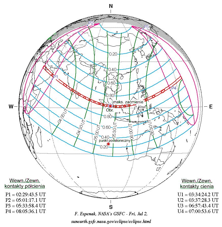 3. Obrączkowe zaćmienie Słońca 26 grudnia 2019. Pas fazy obrączkowej zaćmienia rozpocznie się 26 grudnia 2019 o godzinie 3 h 34 m na Półwyspie Arabskim, w punkcie o współrzędnych ϕ = 25 59.
