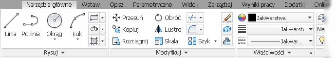 Menu wstążkowe (wstążka) składa się z kart (przykład rys.2). Ilość kart i ich zawartość zależy od ustawień standardowych danego typu obszaru roboczego.