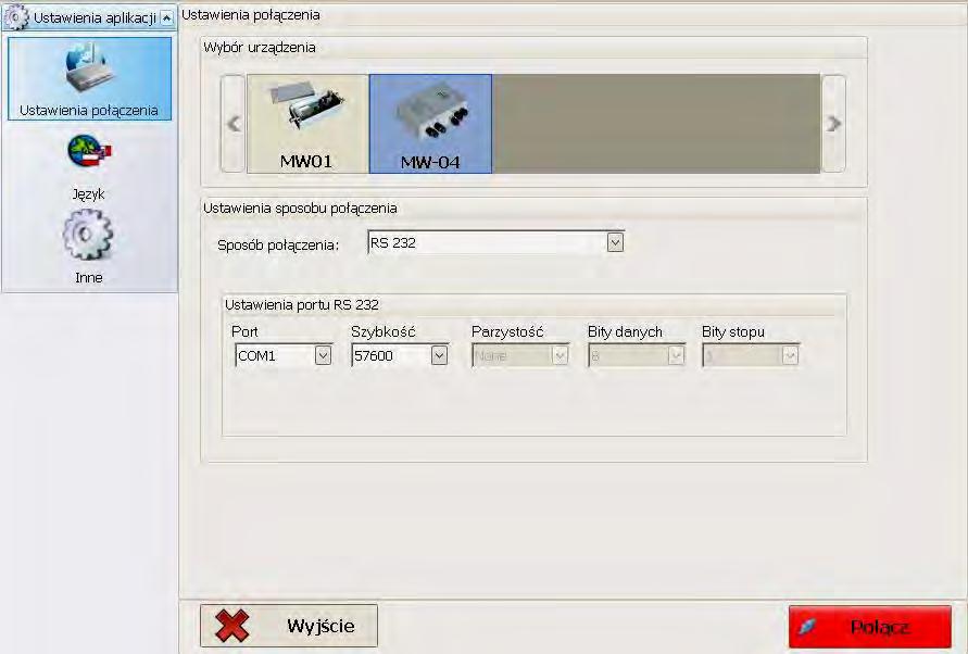 Rys. 9 Okno ustawień połączenia Aby nawiązać połączenie z modułem MW-04, należy w zakładce Wybór urządzenia zaznaczyć.