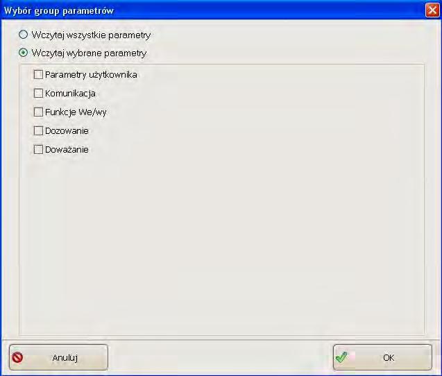 wszystkie lub wybrane parametry do wczytania