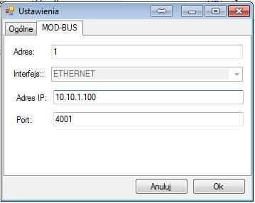Po wybraniu odpowiedniego protokołu i urządzania MW-04 należy ustawić w zakładce MOD-BUS adres urządzenia taki, jak w module, z którym