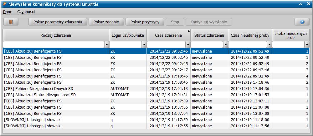 Otworzy się okno "Niewysłane komunikaty do systemu Emp@tia.