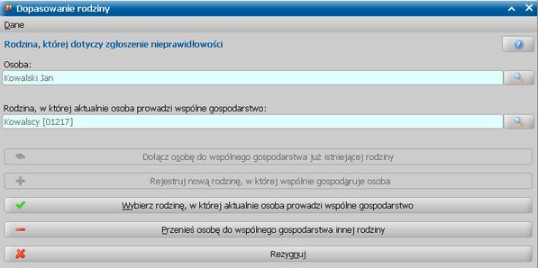 Za pomocą ikon Przeglądaj dane i Przynależność do rodzin możemy przeglądać szczegółowe dane wyszukanej osoby oraz sprawdzić jej okresy przynależności do rodzin.