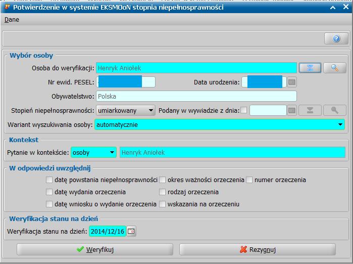 Jeśli w systemie POMOST Std mamy zarejestrowany wywiad lub opis sytuacji zawierający stopień niepełnosprawności beneficjenta, możemy go wskazać, zaznaczając opcję Podany w wywiadzie z dnia i