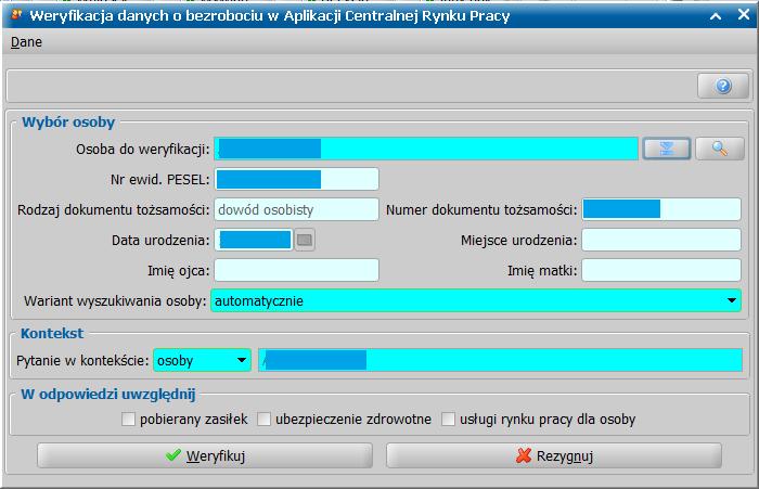 Aby dokonać weryfikacji danych o bezrobociu w systemie AC Rynek Pracy, w sekcji Dane osoby musi być uzupełniony: numer PESEL lub Imię i nazwisko i Data urodzenia lub Numer i rodzaj dokumentu