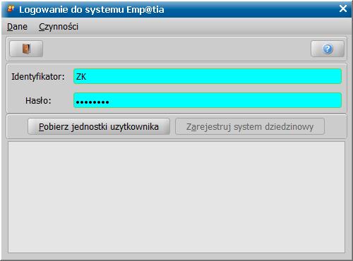 W oknie "Logowanie do systemu Emp@tia" podajemy Identyfikator i Hasło, jakimi będziemy posługiwać się podczas komunikacji z systemem Emp@tia musi to być identyfikator i hasło otrzymane od