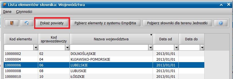 następnie wybór właściwego powiatu i przycisku Pokaż gminy, wreszcie wybór właściwej gminy i przycisku Pokaż miejscowości.