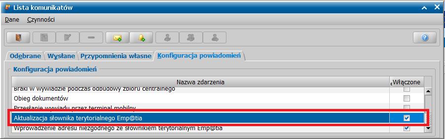 Na oknie Lista komunikatów, na zakładce Konfiguracja powiadomień, konkretna osoba będzie mogła odznaczyć otrzymywanie tych powiadomień, ale system POMOST będzie pilnował, aby przynajmniej jedna osoba