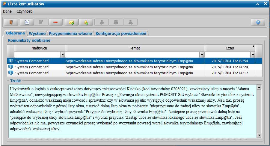 Jeśli Użytkownik odpowie tak, to okno zawierające adres zostanie zaakceptowane, ale do właściwej osoby zostanie wysłany komunikat powiadomienie Wprowadzenie adresu niezgodnego ze słownikiem