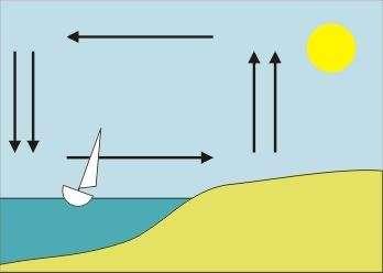 Wiatry lokalne - bryzy Bryza dzienna (morska) - podczas dnia powierzchnia lądu nagrzewa się szybciej niż powierzchnia wody.