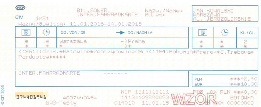 Postanowienia wykonawcze 6. Miejscami upoważniającymi do korzystania ze stelaża dla rowerów dla posiadaczy biletów, o których mowa w ust. 2, są miejsca nr 24 27 w wagonach nr 348 i/lub 349. 7.