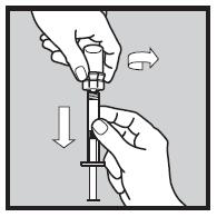 NIE podejmować próby ponownego wprowadzenia białego tłoka do strzykawki. Trzymając strzykawkę w części kalibrowanej w pozycji pionowej, usunąć nasadkę wraz z fiolką odkręcając nasadkę drugą ręką.