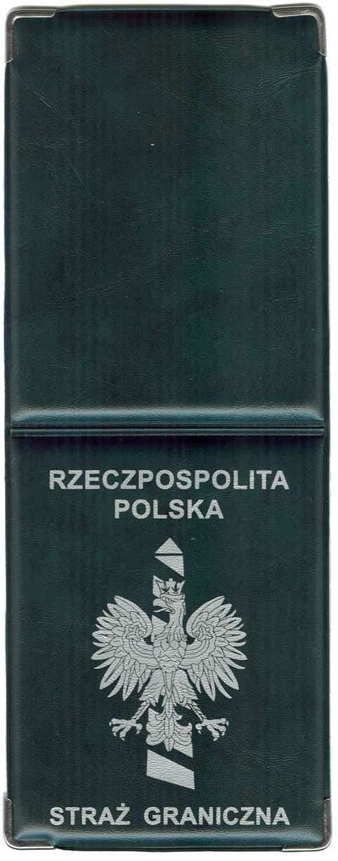 Wzór nr 2 do nr 18 OKŁADKA LEGITYMACJI 4 Okładka legitymacji wykonana jest z tworzywa sztucznego w kolorze ciemnozielonym z metalowymi okuciami w kolorze srebrnym oraz tłoczeniami w kolorze