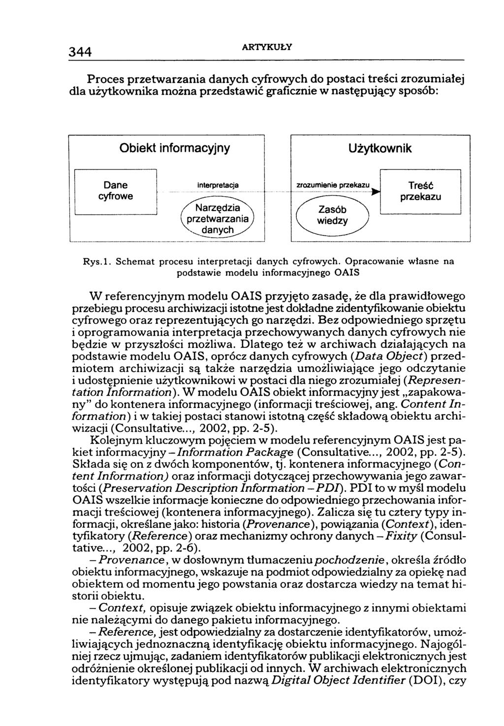 344 ARTYKUŁY Proces przetwarzania danych cyfrowych do postaci treści zrozumiałej dla użytkownika można przedstawić graficznie w następujący sposób: Dane cyfrowe Obiekt informacyjny Interpretacja