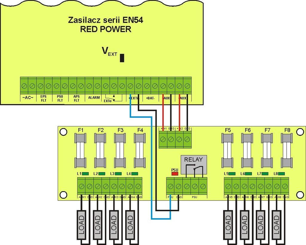 Sposób podłączenia zewnętrznych urządzeń do wejścia EXTi został przedstawiony na poniższym schemacie elektrycznym. Jako źródło sygnału można wykorzystać wyjścia OC (open collector) lub przekaźnikowe.