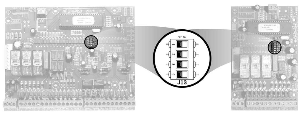 8. KONFIGURACJA TRYBU PRACY CENTRALI Do wybory trybu pracy centrali służy przełącznik J13 w modułach linii AFG-2004L i grupy AFG-2004G.