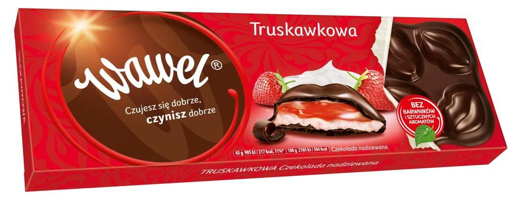 KOSZ CZEKOLADOWE SZALEŃSTWO 1. Czekolada Całusy Truskawkowe 300g Czekolada z nadzieniem (57%) truskawkowo-jogurtowym. Oprócz tłuszczu kakaowego czekolada zawiera tłuszcze roślinne.