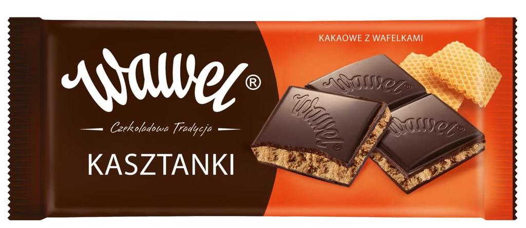 11. Czekolada Kasztanki 100g Czekolada z nadzieniem (50%) kakaowym z wafelkami. Oprócz tłuszczu kakaowego czekolada zawiera tłuszcze roślinne.