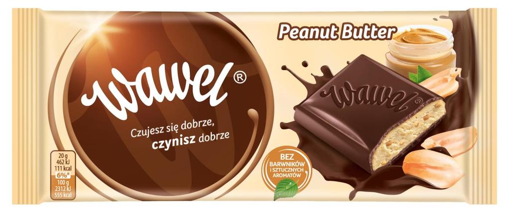 13. Czekolada Peanut Butter 100g Czekolada z nadzieniem (44%) z solonych orzeszków arachidowych. Oprócz tłuszczu kakaowego zawiera tłuszcze roślinne.