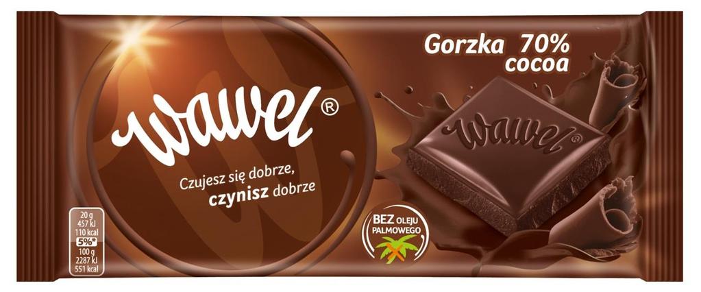 9. Czekolada Gorzka 100g Składniki: miazga kakaowa (miejsce pochodzenia: Afryka), cukier, kakao o obniżonej zawartości tłuszczu, tłuszcz kakaowy, emulgator: lecytyny (z soi). Masa kakaowa minimum 70%.