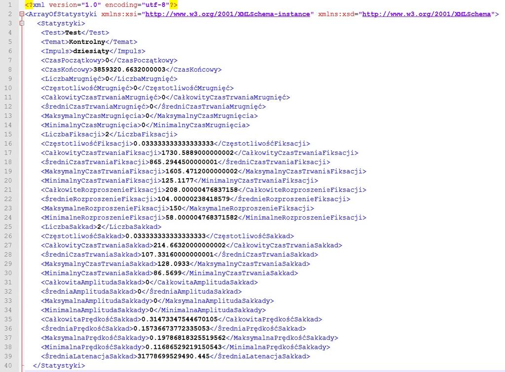 Rys. 4.12 Fragment pliku XML zawierający statystyki obszarów zainteresowania Plany dotyczące kolejnych wersji platformy GCAF zawierają wdrożenie takich elementów jak mapy cieplne oraz mapy fiksacji.