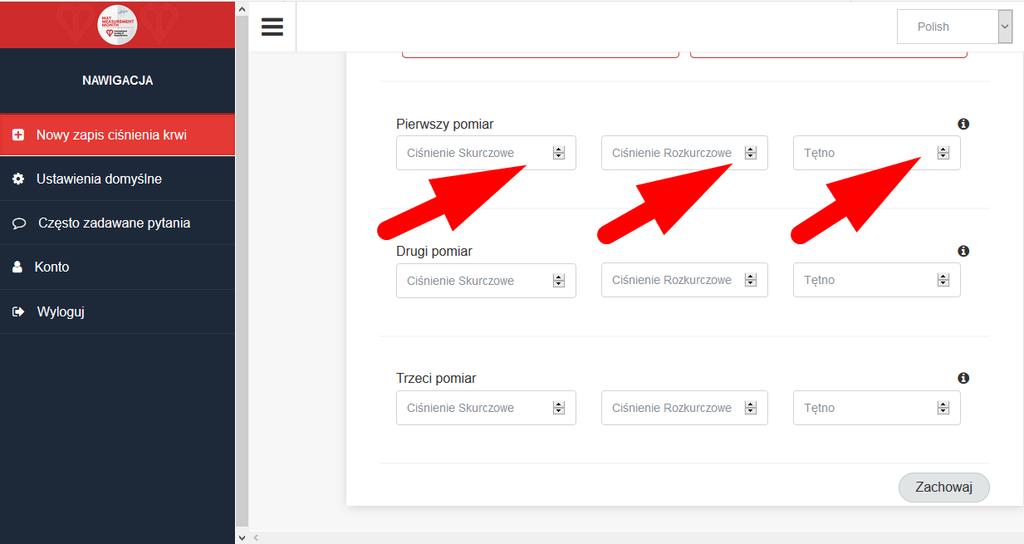 W polach zapisu ciśnienia skurczowego i rozkurczowego oraz tętna należy wpisać CO NAJMNIEJ JEDEN Z TRZECH POMIARÓW.