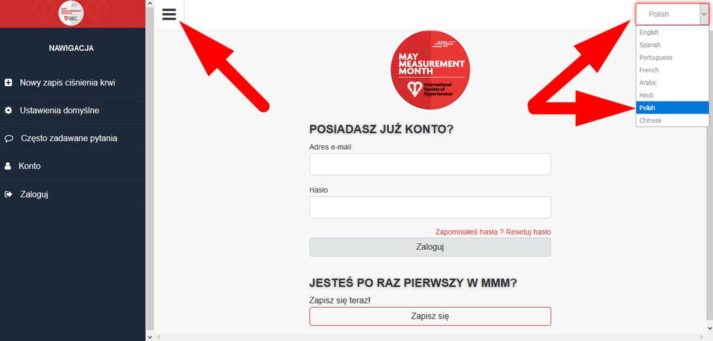 Na ogólnoświatowej stronie aplikacji MayMeasure w prawym górnym rogu znajduje się pole wyboru języka. Należy wybrać POLISH.