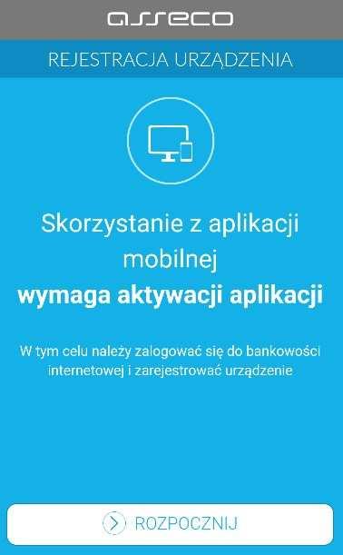 Przykład 10 : ekran rejestracji urządzenia w m Token Asseco MAA - w pierwszym kroku rejestracji należy wprowadzić poprawny kod weryfikacyjny wygenerowany w bankowości